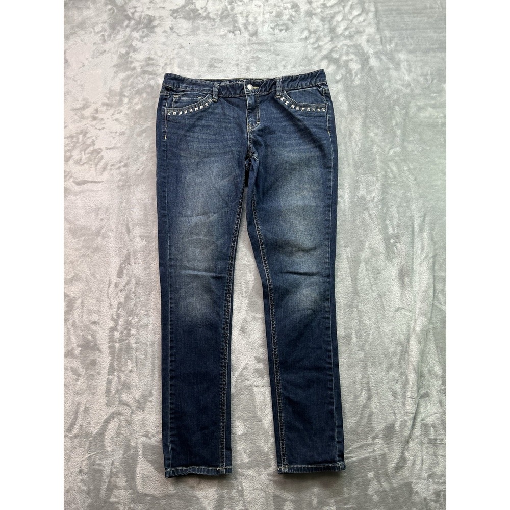 Y2K Mossimo Womens Sz 12 Blue Jeans Skinny Studded Stretch Whiskered Low Rise‎